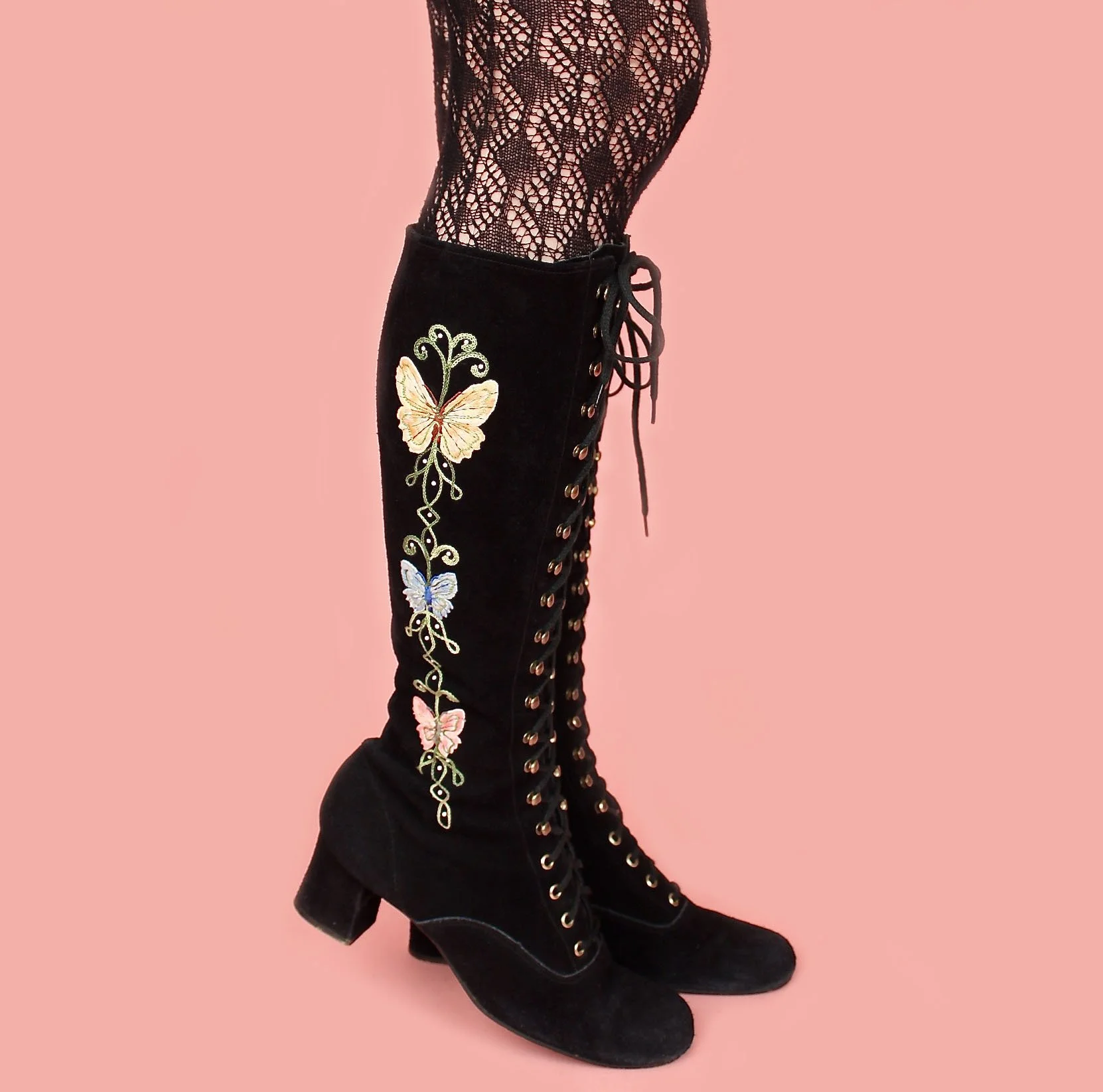 Vintage 1960's Butterfly Embroidered Boots // Black Suede Penny